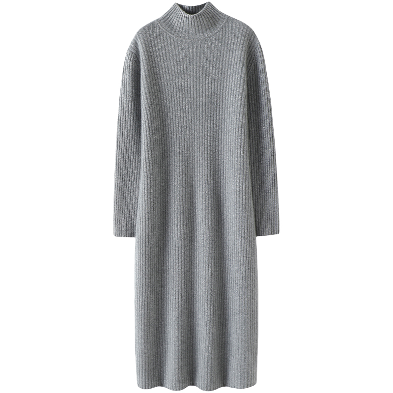 启超明媚柔软！加厚金线红色高领羊绒连衣裙女羊绒衫长款毛衣秋冬