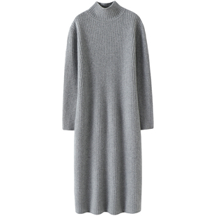 启超明媚柔软!加厚金线红色高领羊绒连衣裙女羊绒衫长款毛衣秋冬