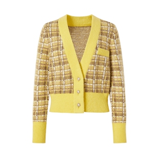 MOISSAC摩萨克冬格纹法式浪漫V领小香风混色开衫毛针织衫上衣女