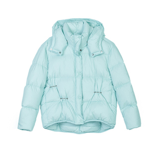 诗梦女装冬季新款卡布里蓝短款连帽翻领羽绒服90白鸭绒休闲面包服