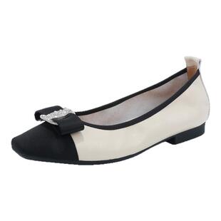 红粉知己真皮女鞋2025春方头蝴蝶结浅口单鞋软皮软底小香风奶奶鞋