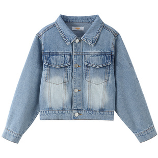 安奈儿童装女童牛仔外套2026春新款时尚休闲短款蝴蝶绣浅蓝色上衣