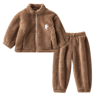 欧孕儿童家居服套装2025秋冬新款加厚保暖北极绒男童女童宝宝睡衣