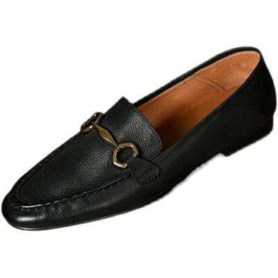 一脚蹬圆头真皮平底乐福鞋