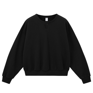 美式复古亨利领卫衣男秋冬潮牌boxy宽松纯色百搭加绒保暖长袖上衣