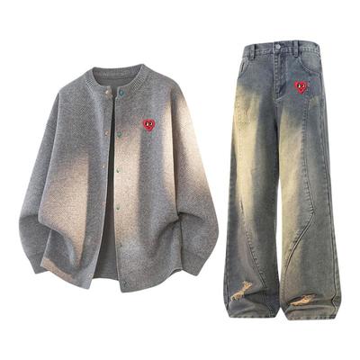 查尔斯桃心开衫毛衣休闲套装男