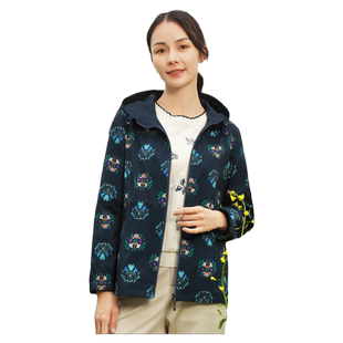 葵春秋妈妈外套气质大码中老年女装运动户外印花连帽防风风衣外套