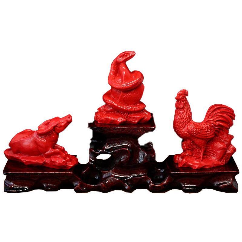 朱砂巳酉丑三合贵人摆件十二生肖牛蛇鸡家用办公室风水工艺品摆饰