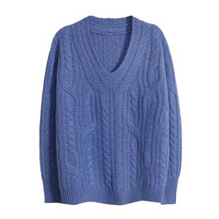 APCSHOP开司米新品早春新款复古针织镂空绞花套头毛衣V领羊绒衫