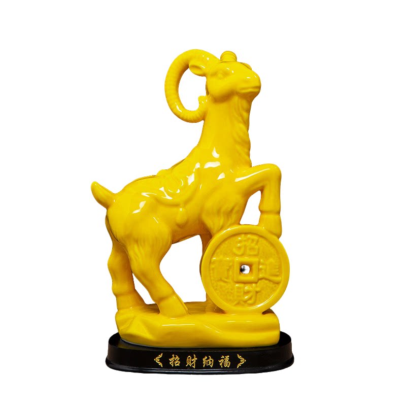 黄色陶瓷羊摆件一对化解客厅