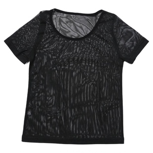 纯色网纱透视露脐短T恤 Solid color mesh exposed navel T-shirt