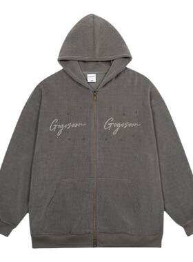 GOGOSOON重磅刺绣连帽外套男春秋双拉链美式宽松开衫卫衣冬季加绒