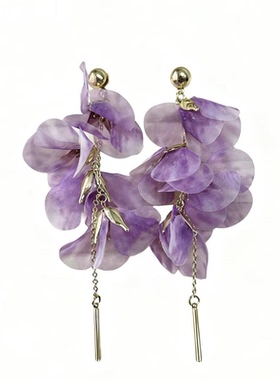 银针紫色花朵耳钉超仙绝美晕染花