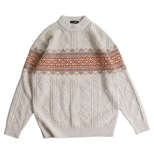 100%超细美丽诺羊毛衫男双股加厚保暖半高领纯羊毛毛衣复古麻花白