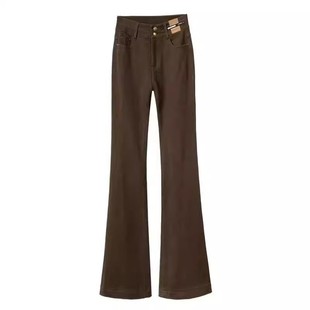 美拉德加绒咖啡色微喇牛仔裤女2025年新款秋冬高腰显瘦拖地马蹄子