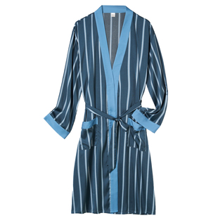 男士睡袍春秋款冰丝薄款高级感丝绸睡衣夏季长袖条纹男款浴袍浴衣