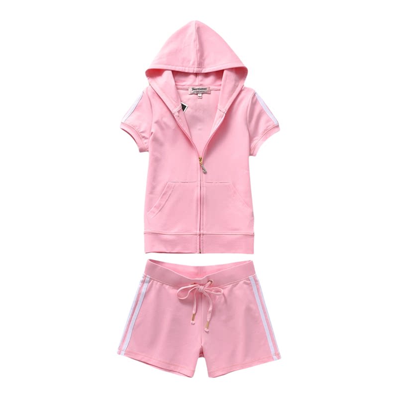 韩夏季纯棉女士短袖短裤连帽休闲运动服套装修身拉链卫衣带钻开衫