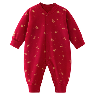 【50S柔软纺织】汤尼倍儿婴儿红色连体衣纯棉满月宝宝新年哈衣服