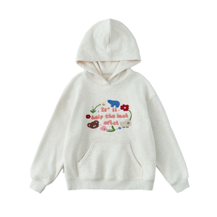 棵初25年冬季新款亲子中大女童连帽图案卫衣恒温抗静电浅花灰上衣