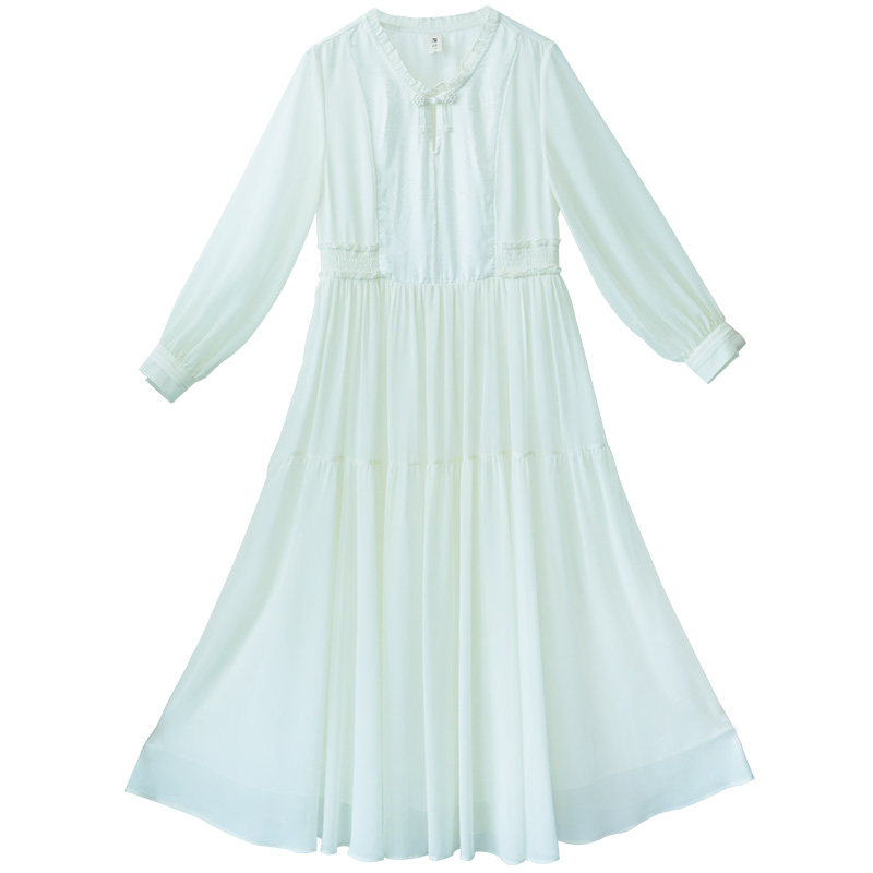 【无杳】白色花边领连衣裙女2025夏季气质仙气裙拼接雪纺轻薄长裙