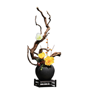 新中式陶瓷花瓶禅意枯木仿真花艺装饰侘寂风客厅茶室玄关木雕摆件