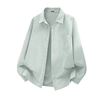 HG真维斯绿色衬衫男款冬季新款抗皱条纹衬衣男牛津纺长袖休闲男士