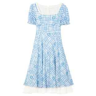KEIKO 法式清新蓝白格子方领连衣裙夏季新款气质拼接收腰A字长裙