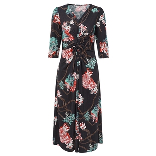 马天奴春夏新款黑底印花连衣裙子V领抓褶收腰修身气质时尚女好看