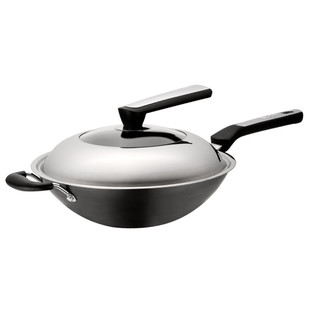 爱仕达锈不了无涂层铁锅32/34cm家用精铁炒菜锅可立锅盖 明火专用