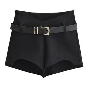 liviahome 辣妹V腰黑色紧身包臀超短裤女前短后长显瘦热裤赠腰带