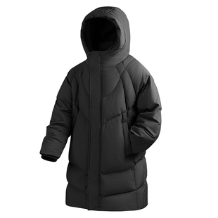 ALLIN 黑色连帽羽绒服男冬季中长款90白鸭绒宽松h型羽绒大衣外套