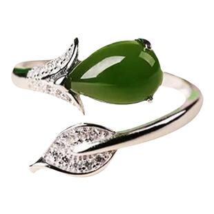 瑞丽玉石和田玉女款S925银镶玉碧玉树叶水滴时尚活口开口戒指礼物