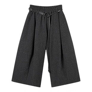 深灰色压褶阔腿裤女秋冬松紧腰八分裙裤小个子宽松加厚休闲毛呢裤