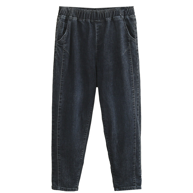 胖mm牛仔裤女大码200斤春季松紧腰宽松显瘦弹力萝卜九分小脚裤子