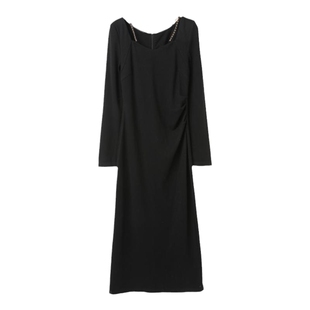 西町村屋链条方领连衣裙女装秋冬新款法式长袖收腰裙子XX9D10364