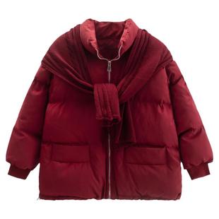 红色棉服女2025短款厚宽松面包羽绒棉衣oversize棉袄冬季新年外套