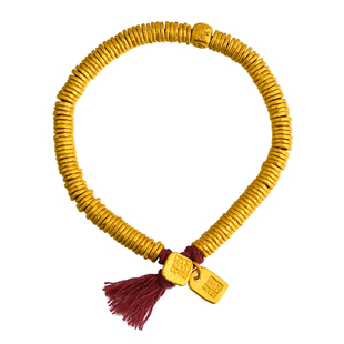 老克勒古法黄金足金锤纹金圈盘缠手串编绳手链实心金圈金隔片红绳