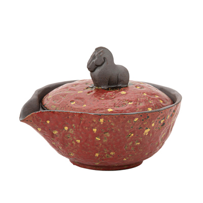 老岩泥铁红釉马到成功手抓壶