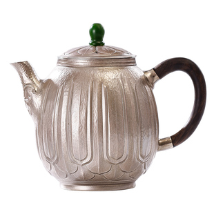 高工银壶纯银999泡茶壶手工一张打茶具錾刻复古紫皮莲花小银茶壶