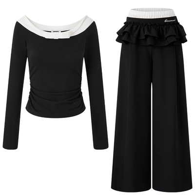 Eimismosol2026春季新款拼接一字肩上衣双腰头荷叶边长裤休闲套装