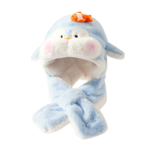 可爱企鹅毛绒帽女2025新款冬耳朵会动帽子围巾一体保暖加厚雷锋帽