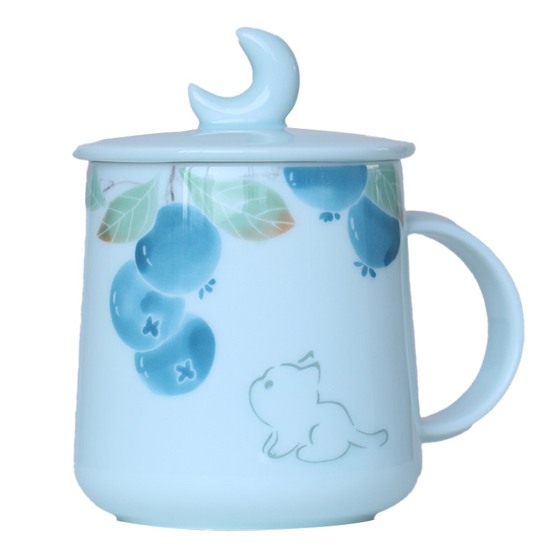 手绘蓝莓猫咪景德镇玲珑陶瓷釉下彩马克杯带盖杯子可爱生日礼物女
