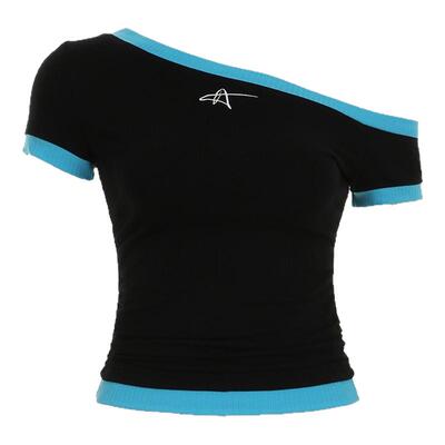 XXBUNI 美式复古跳舞宽松显瘦牛仔裤女jazz辣妹j拼接撞色斜肩上衣