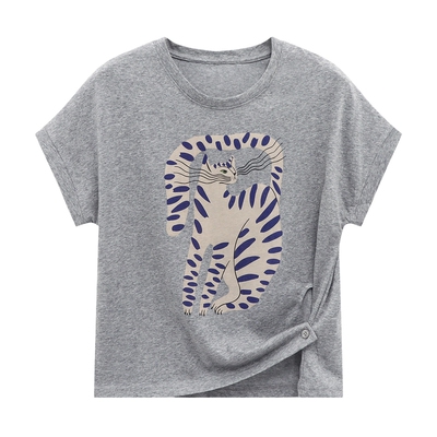 Basic House/百家好夏季新款动物印花设计感宽松短袖圆领套头T恤