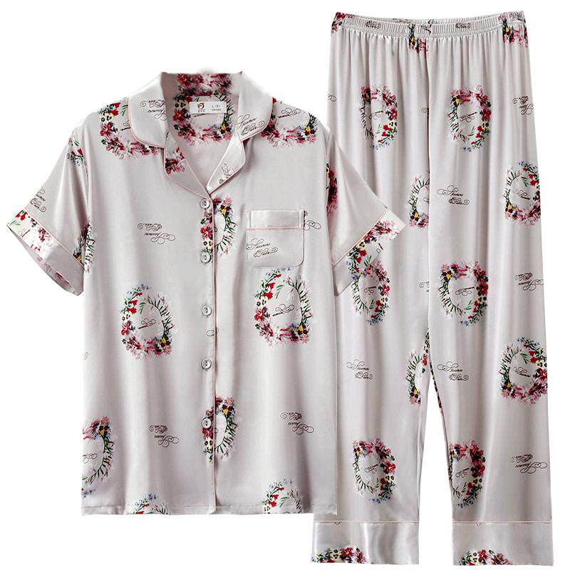 睡衣女士夏季丝绸冰丝短袖长裤家居服夏天薄款仿真丝质加大码套装