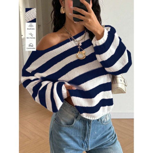 O 75600 Striped off-shoulder sweater 条纹露肩毛衣跨境速