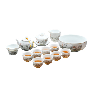 新款羊脂玉悬停盖碗茶具套装轻奢家用功夫茶具客厅泡茶壶茶杯茶盘