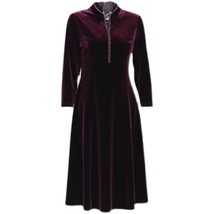 秋冬季商场同款时尚简约改良旗袍款气质高贵丝绒时尚中长连衣裙子