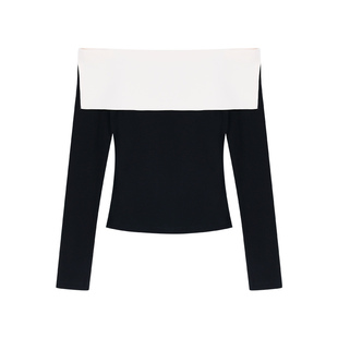 Maven Lin 莫尔周刊 黑白拼色露肩上衣女一字领气质修身长袖T恤