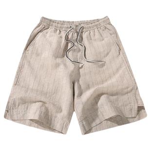 日系亚麻短裤男青年大码宽松复古麻棉五分裤纯色条纹运动沙滩裤薄